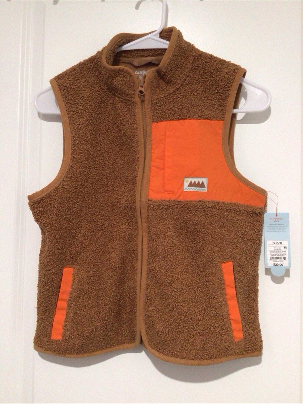 NWT Cat & Jack Kids Sherpa Fleece Full-Zip Vest Clay Brown Orange Size 6-7